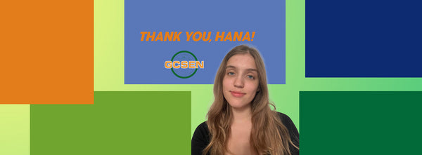 young white woman with long light brown hair and text “Thank you, Hana” 